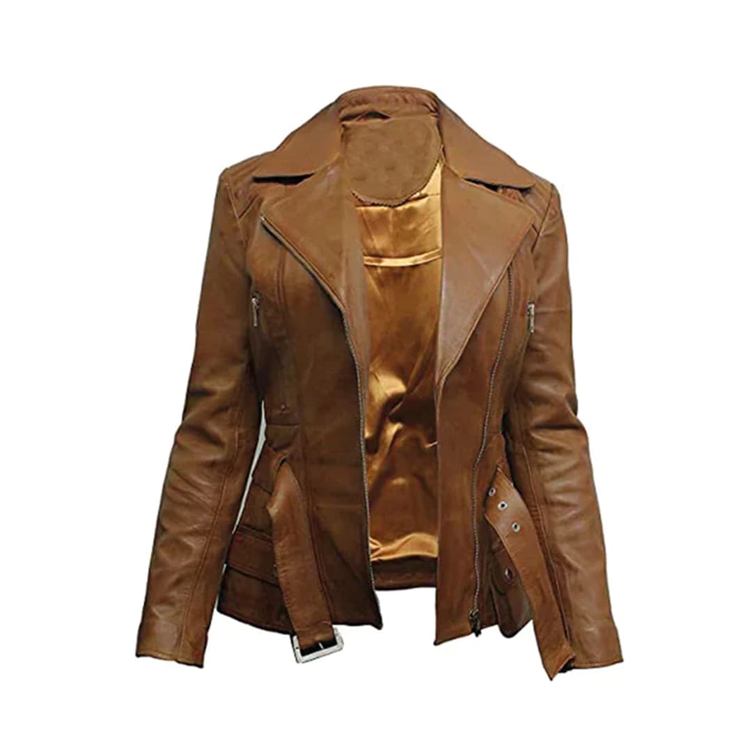 Women's Brown Belted Front Zip Designer Moto Jacket