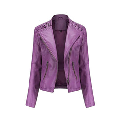 Women's Purple Short Zip Lace Up Shoulder Moto Jacket