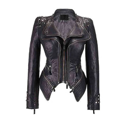 Women's Zipper Closure Dual Lap Collar Genuine Leather Jacket