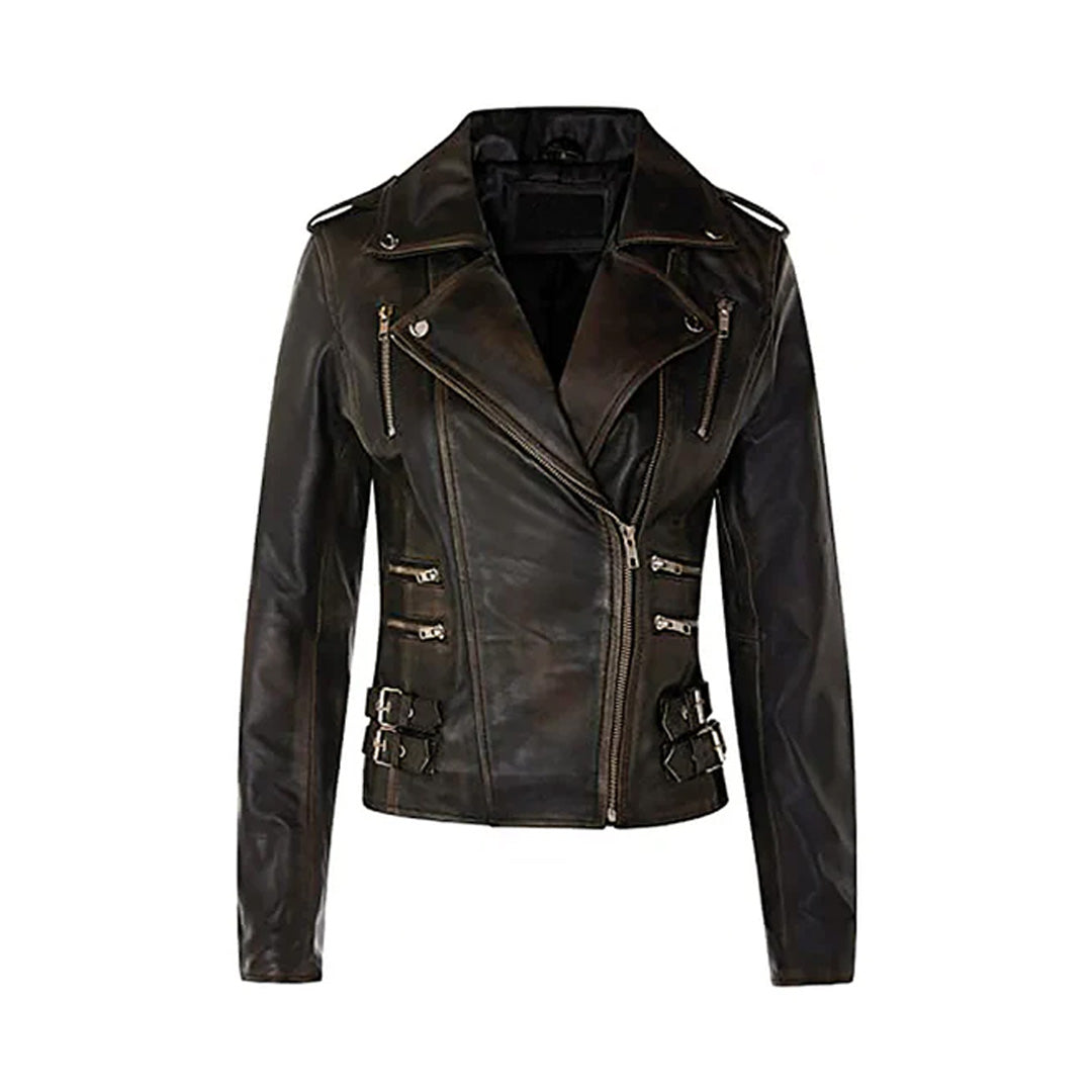 Women's Brown Asymmetrical Front Zip Fitted Moto Jacket