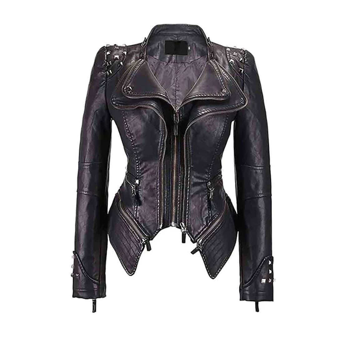 Women's Black Zipper Closure Dual Lap Collar Genuine Leather Jacket