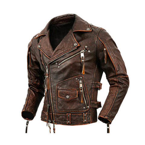 Brown Men's Asymmetrical Full Zip Genuine Leather Jacket