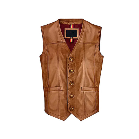 Men's Brown Button Closure Collarless Motorcycle Vest