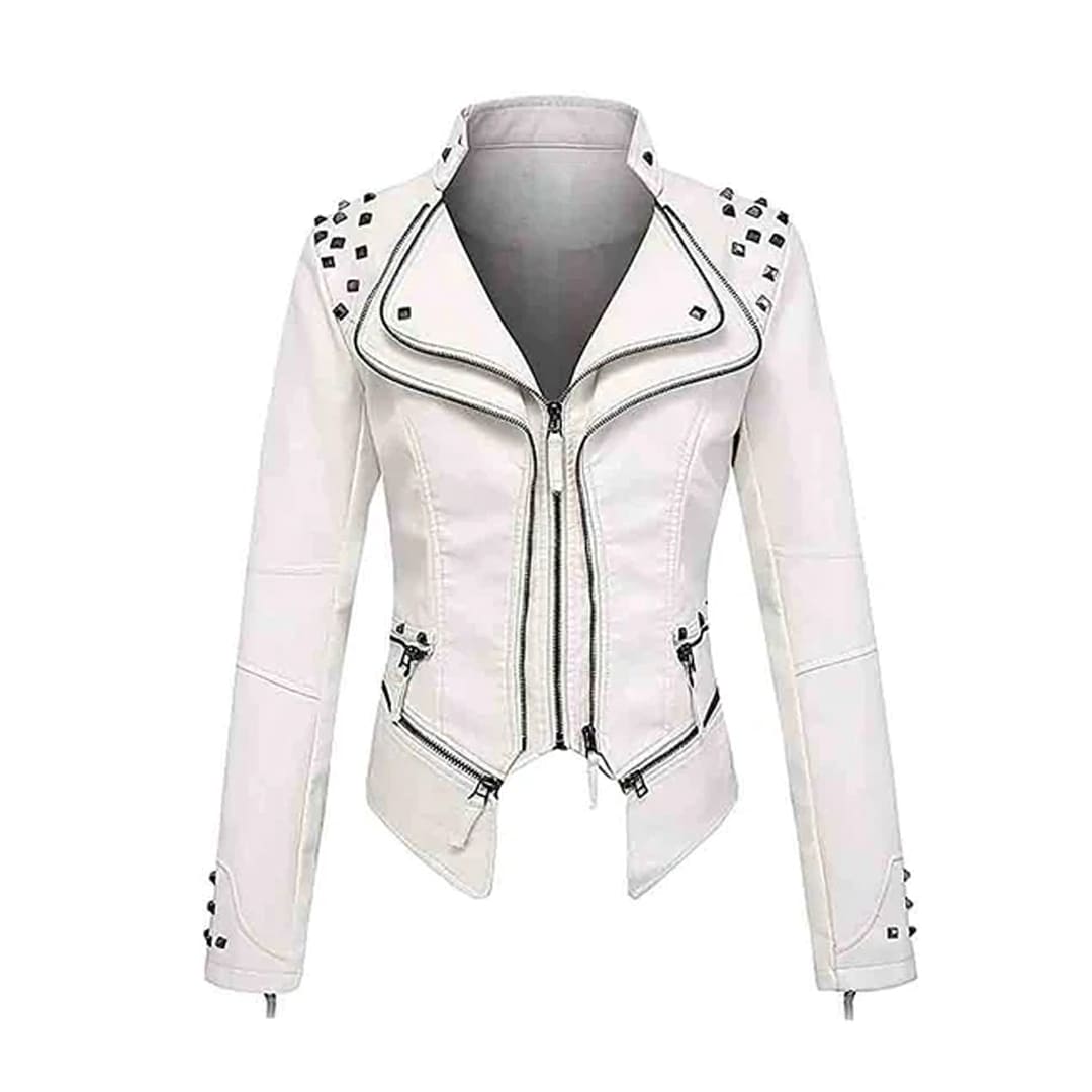 Women's White Zipper Closure Dual Lap Collar Genuine Leather Jacket