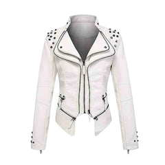 Women's White Zipper Closure Dual Lap Collar Genuine Leather Jacket