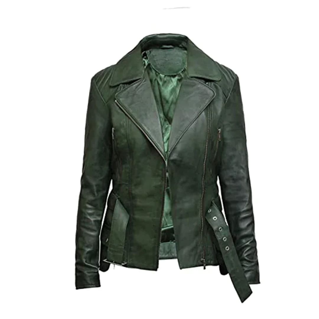 Women's Green Belted Front Zip Designer Moto Jacket