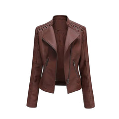 Women's Brown Short Zip Lace Up Shoulder Moto Jacket