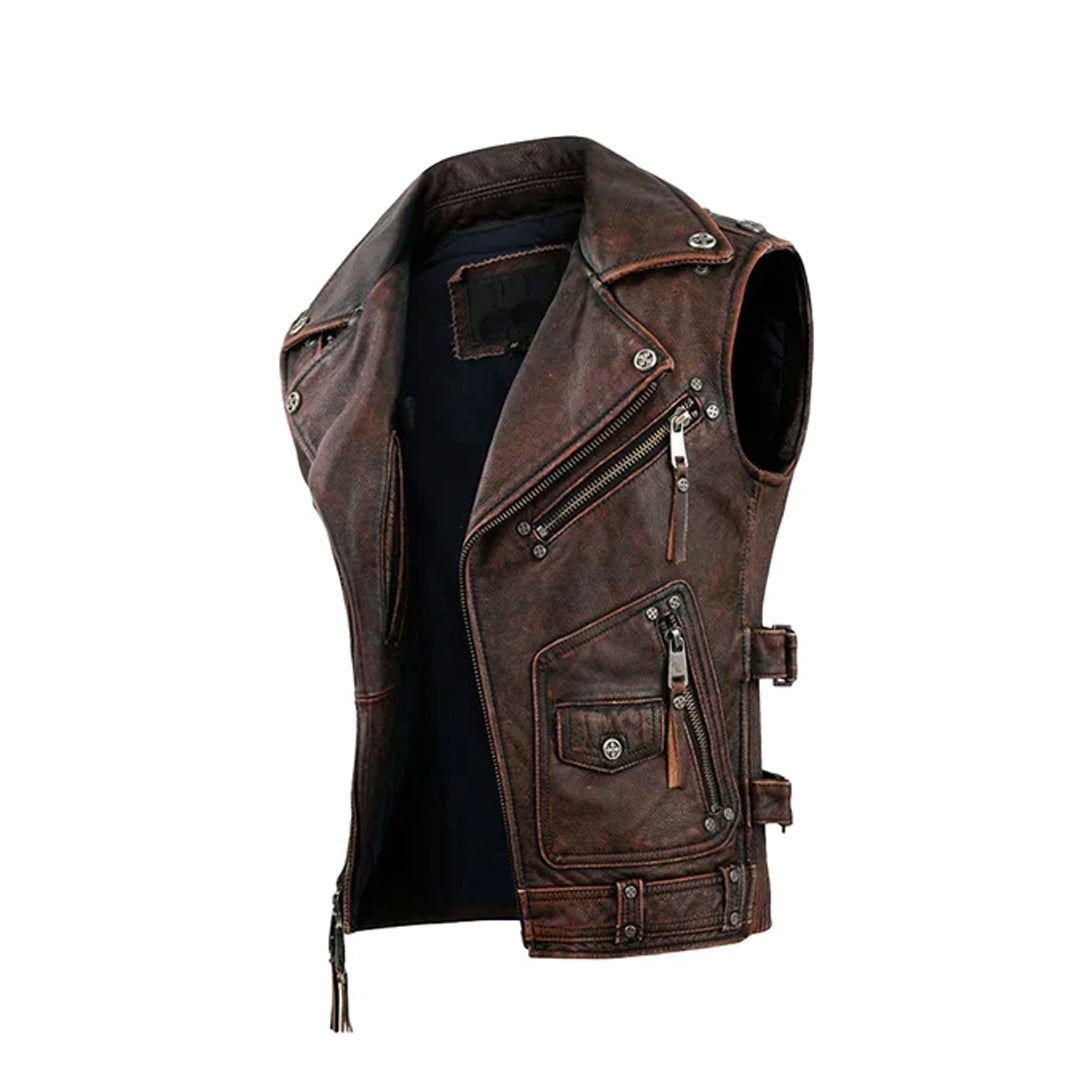 Men's Brown Vintage Full Zip Original Moto Vest