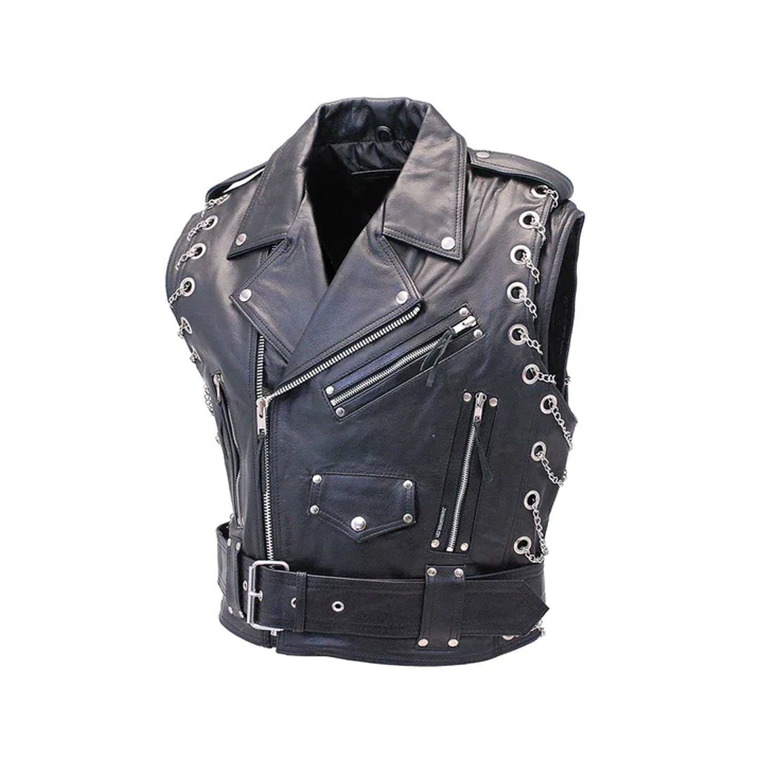Men's Chain & Metal Studs Original Leather Moto Vest