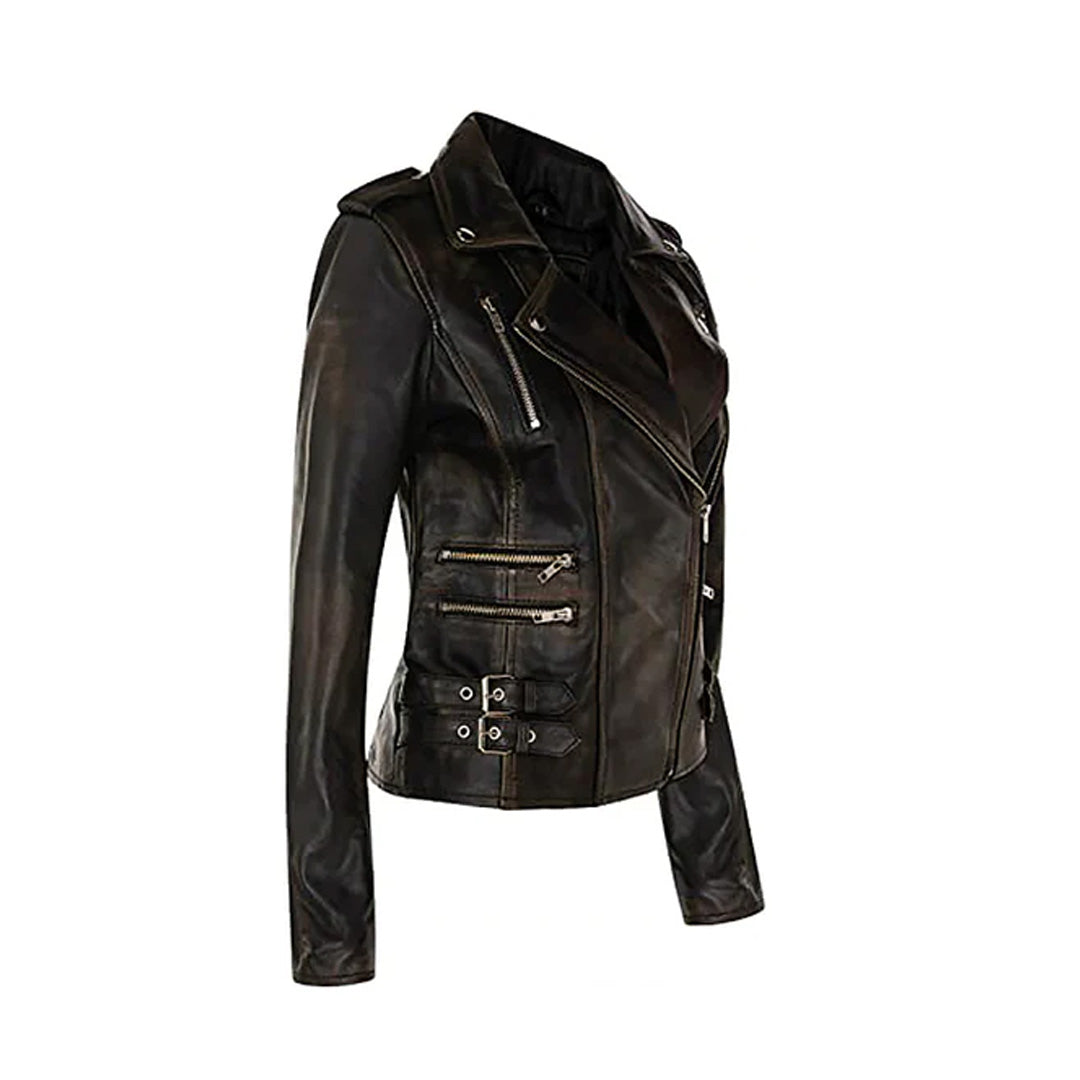 Women's Brown Asymmetrical Front Zip Fitted Moto Jacket