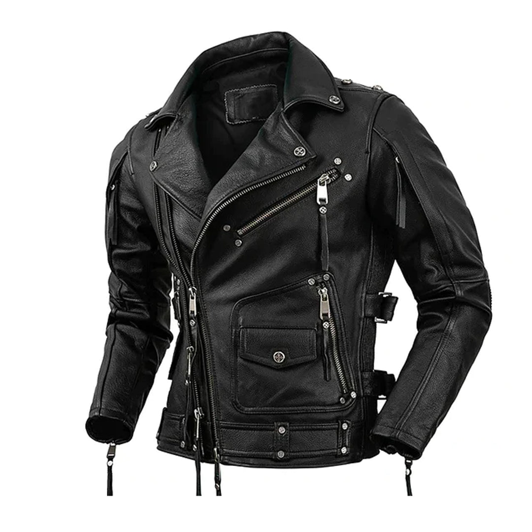 Black Men's Asymmetrical Full Zip Genuine Leather Jacket