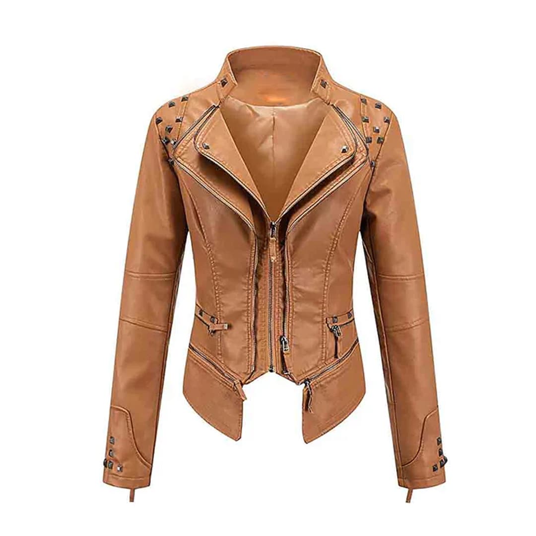 Women's Camel Zipper Closure Dual Lap Collar Genuine Leather Jacket