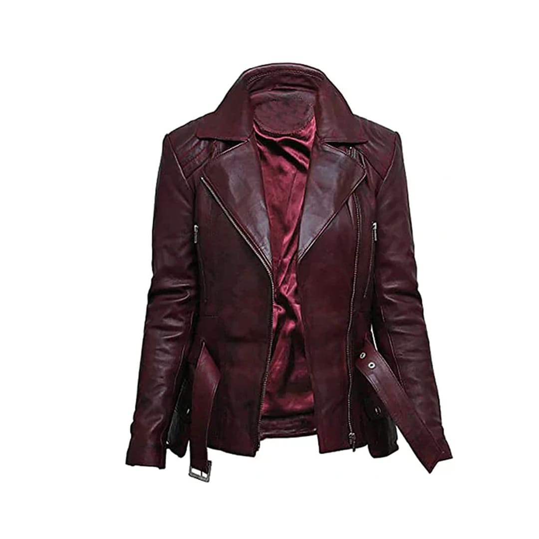 Women's Burgundy Belted Front Zip Designer Moto Jacket