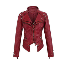 Women's Burgundy Zipper Closure Dual Lap Collar Genuine Leather Jacket