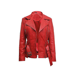 Women's Red Belted Front Zip Designer Moto Jacket