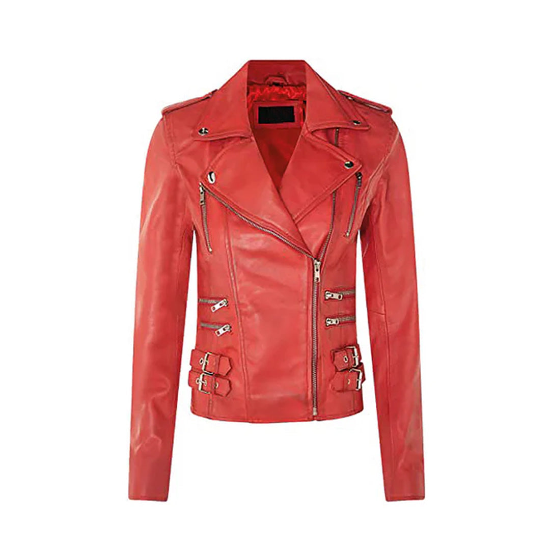 Women's Red Asymmetrical Front Zip Fitted Moto Jacket