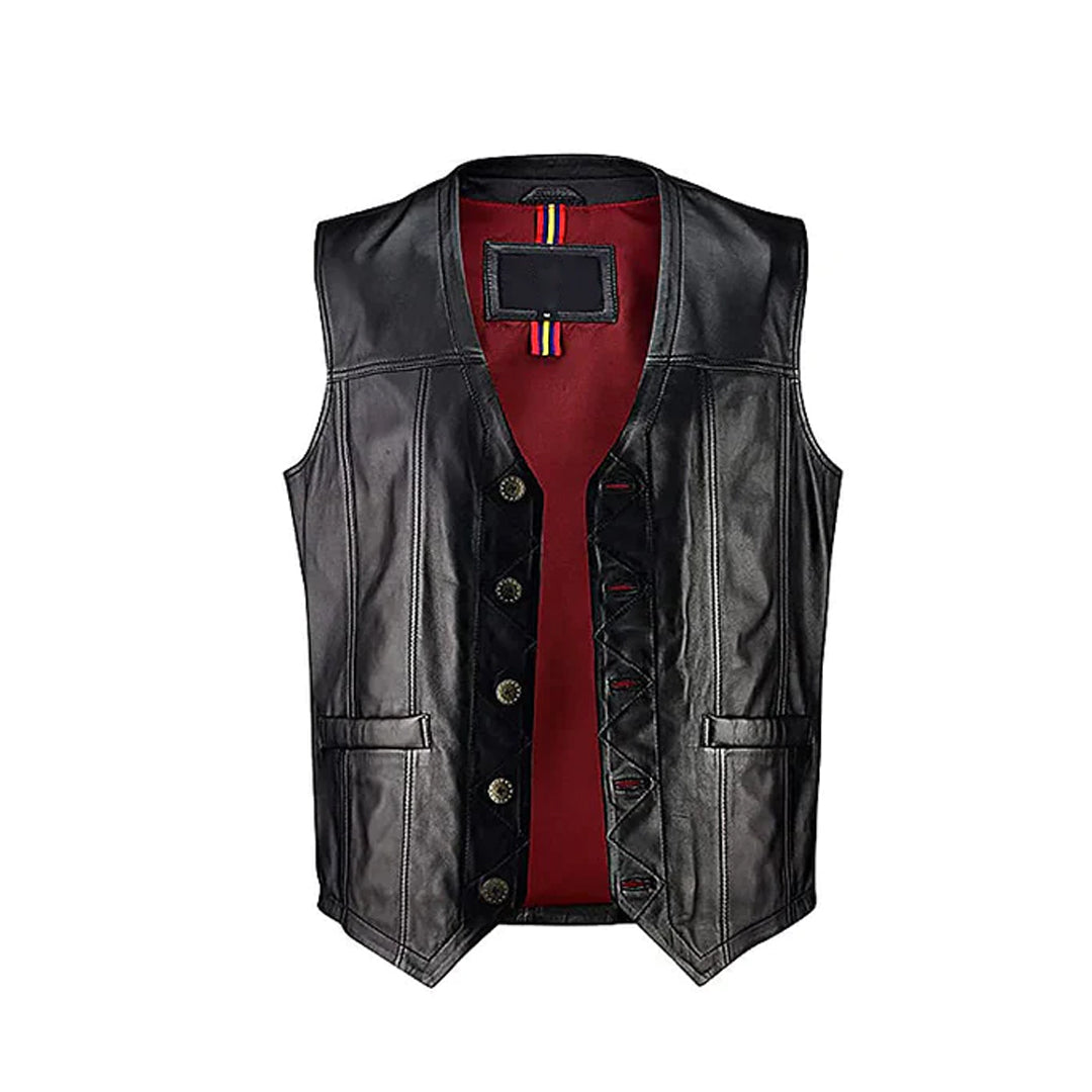 Men's Black Button Closure Collarless Motorcycle Vest
