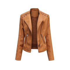 Women's Camel Short Zip Lace Up Shoulder Moto Jacket