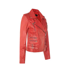 Women's Red Asymmetrical Front Zip Fitted Moto Jacket