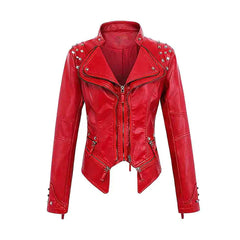 Women's Red Zipper Closure Dual Lap Collar Genuine Leather Jacket