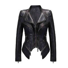 Women's Zipper Closure Dual Lap Collar Genuine Leather Jacket