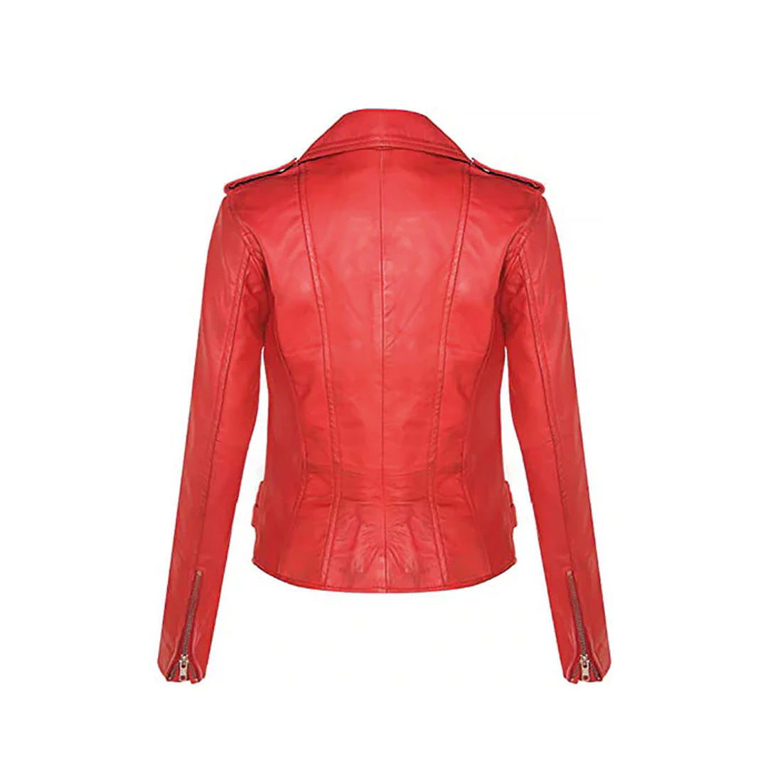 Women's Red Asymmetrical Front Zip Fitted Moto Jacket