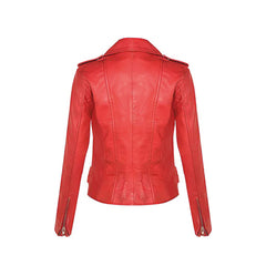 Women's Red Asymmetrical Front Zip Fitted Moto Jacket