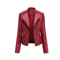 Women's Red Short Zip Lace Up Shoulder Moto Jacket