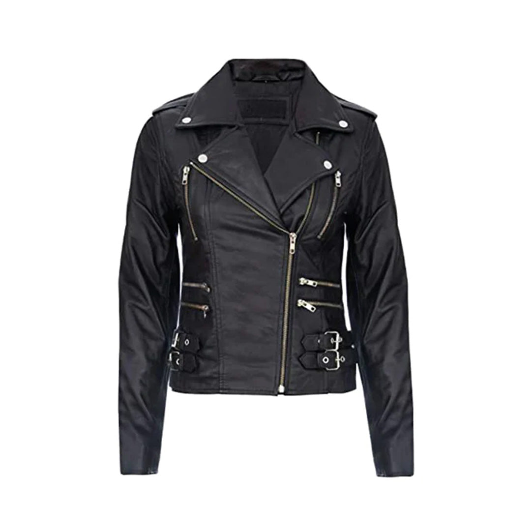 Women's Black Asymmetrical Front Zip Fitted Moto Jacket