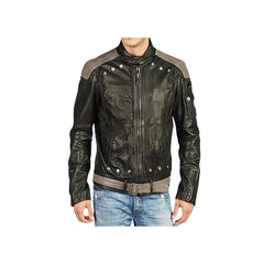 Men's Front Removeable Genuine Leather Biker Jacket