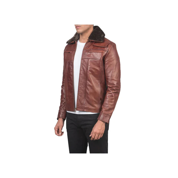 Men's Full Zip Fur Collar Original Leather Jacket
