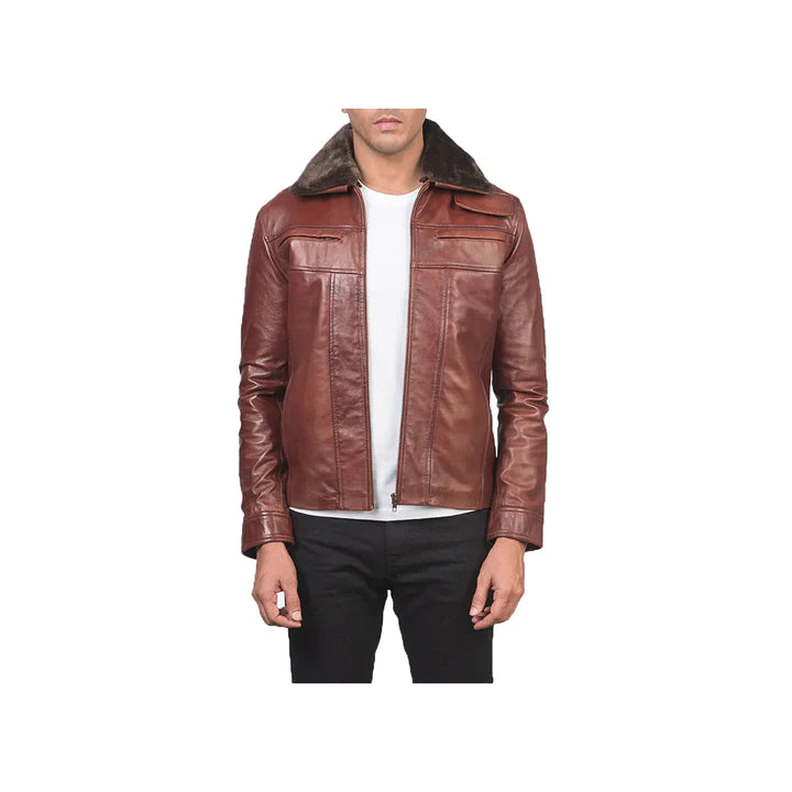 Men's Full Zip Fur Collar Original Leather Jacket