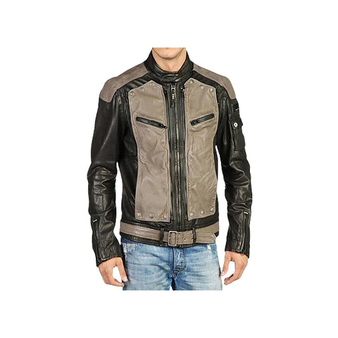 Men's Front Removeable Genuine Leather Biker Jacket