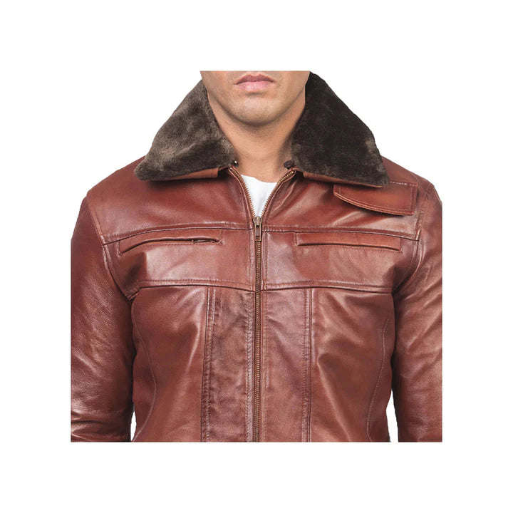 Men's Full Zip Fur Collar Original Leather Jacket