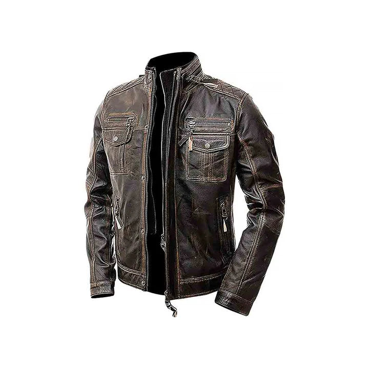 Men's Multi Pocket Leather Moto Jacket