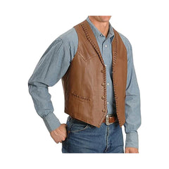 Men's Coffee Whipstitch Genuine Leather Vest