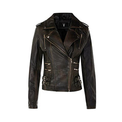 Women's Brown Asymmetrical Front Zip Fitted Moto Jacket