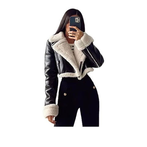 Women's Asymmetrical Shearling Leather Cropped Jacket