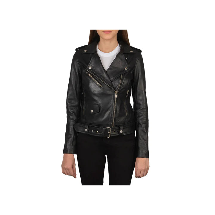 Women's Belted Asymmetrical Original Leather Moto Jacket