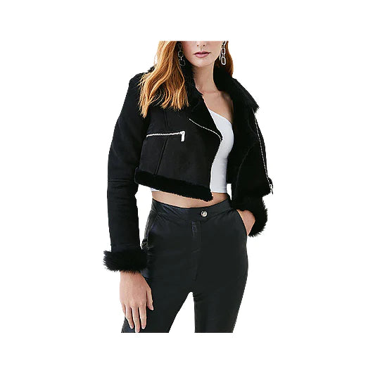 Women's Black Shearling Suede Leather Cropped Jacket