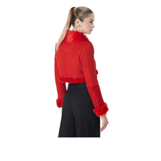 Women's Red Shearling Suede Leather Cropped Jacket