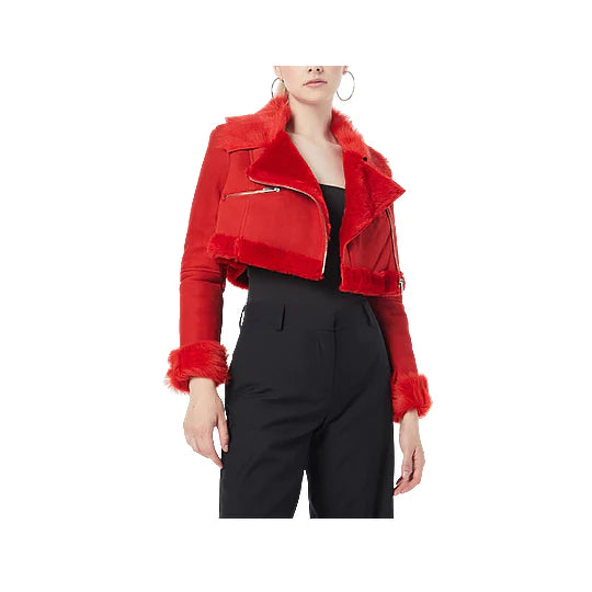 Women's Red Shearling Suede Leather Cropped Jacket