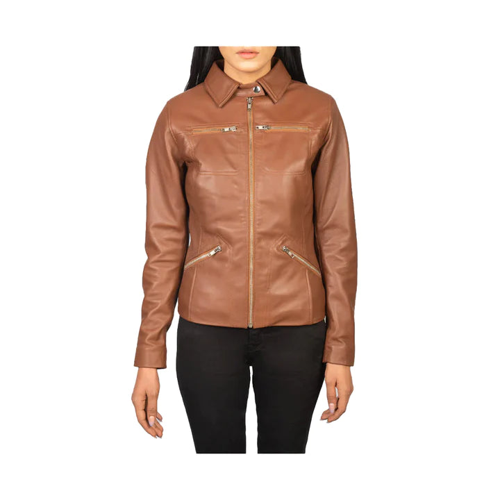 Women's Full Zip Shirt Collar Original Leather Jacket