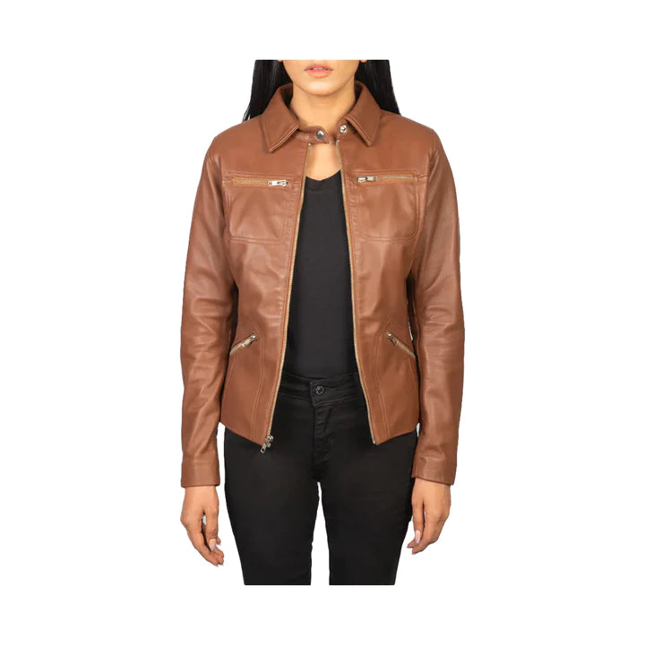 Women's Full Zip Shirt Collar Original Leather Jacket
