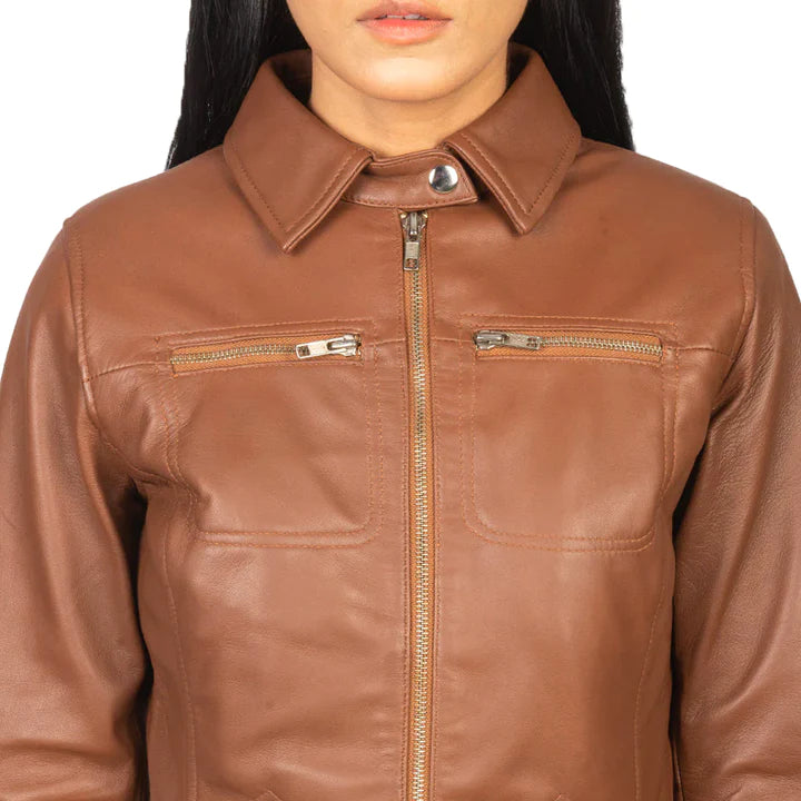 Women's Full Zip Shirt Collar Original Leather Jacket