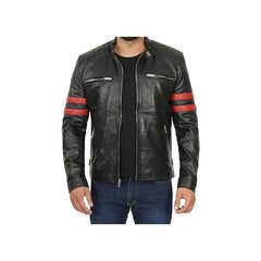 Men's Red Stripes Moto Original Leather Jacket