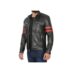 Men's Red Stripes Moto Original Leather Jacket