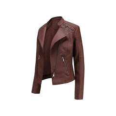 Women's Brown Short Zip Lace Up Shoulder Moto Jacket