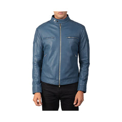 Men's Full Zip Snap Collar Leather Jacket