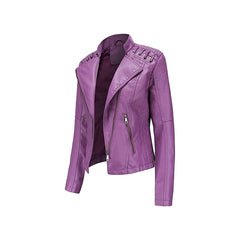 Women's Purple Short Zip Lace Up Shoulder Moto Jacket